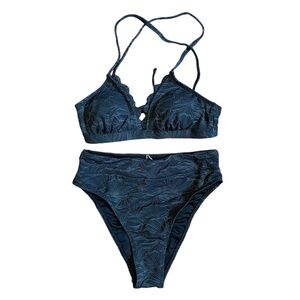 Cupshe XS Black Floral Jacquard Scalloped Bralette High Waist Bikini Set NWT